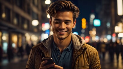 Young asian man using and texting on his smart phone mobile, smiling face, ai generated