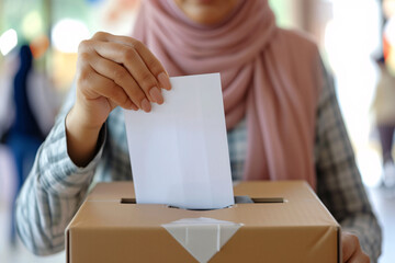 Fototapeta na wymiar Concept of voting at an election, a woman puts a ballot into the ballot box, democracy 
