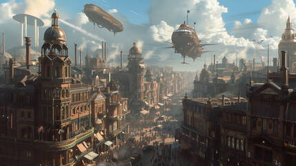 Immerse in a whimsical steampunk city boasting captivating Victorian architecture, where majestic airships grace the sky while the enchanting sound of steam fills the streets. - obrazy, fototapety, plakaty