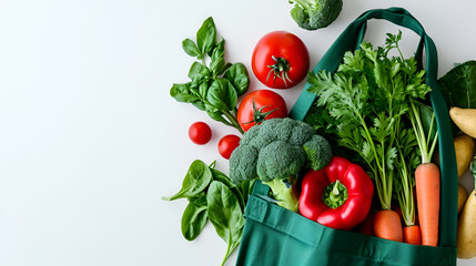Vegetables in a green bag on a white background
