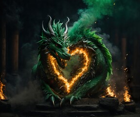 green dragon breathe fire in shape of heart, one head, flame in shape of heart, ai generated