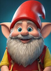portrait of a kind smiling old gnome with huge pointy ears wearing a red big hat