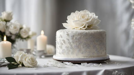 White and silver cake. Marriage celebration. Wedding wallpaper.