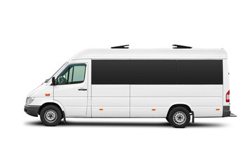 Passenger mini bus or van side view isolated. Side view of a modern short-base minibus. Transparent PNG image. - obrazy, fototapety, plakaty