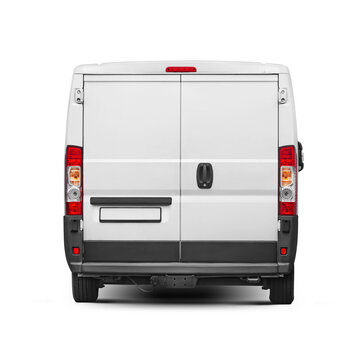 Delivery van rear view isolated. Cargo short-base minibus. Transparent PNG image.