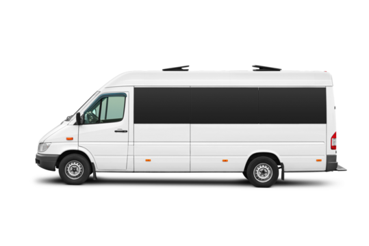 Passenger mini bus or van side view isolated. Side view of a modern short-base minibus. Transparent PNG image.