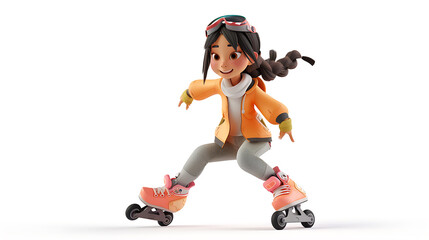Fototapeta na wymiar A vibrant 3D illustration featuring a charming teenage girl character energetically rollerblading in a dynamic pose. She is depicted against a white background.