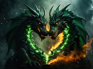 green dragon breathe fire in shape of heart, one head, flame in shape of heart, ai generated