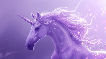 A captivating mystical unicorn with a radiant, ethereal mane, set against a soothing lavender background.