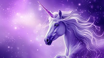 Obraz na płótnie Canvas A captivating mystical unicorn with a radiant, ethereal mane, set against a soothing lavender background.