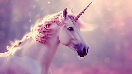 A whimsical mystical unicorn with a mesmerizing shimmering mane set against a dreamy lavender background.