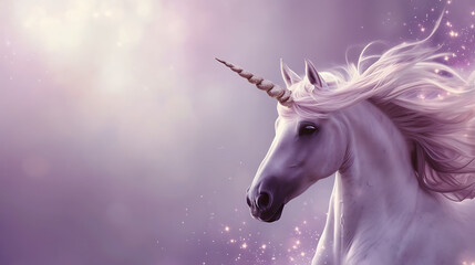 Obraz na płótnie Canvas A majestic unicorn with a mesmerizing shimmering mane stands gracefully on a serene lavender background.