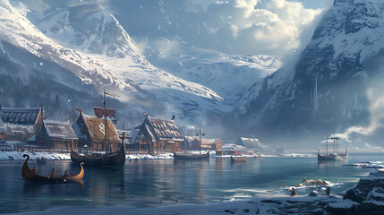 Immerse yourself in a captivating Nordic Viking village nestled amidst snowy mountains and stunning fjords, teeming with fearless warriors and majestic longships. - obrazy, fototapety, plakaty