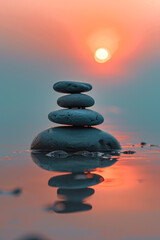 Mindfulness concept, stones balanced on top of each other at a beach during sunset