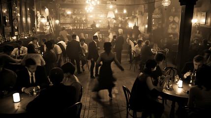 Step back in time to a vibrant 1920s speakeasy hidden away during Prohibition, where jazz music fills the air and flapper dancers bring the floor to life. - obrazy, fototapety, plakaty