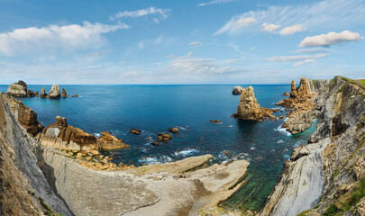 Atlantic ocean coastline landscape (near Arnia Beach, Spain). Two shots stitch panorama. 