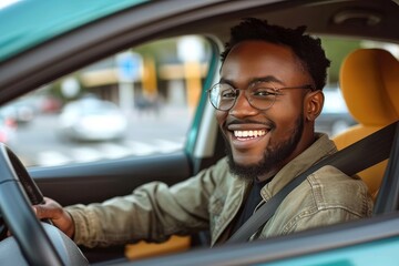 A smiling man drives his car, with the wind in his hair and the sun reflecting off the windshield, enjoying the freedom and adventure of the open road - obrazy, fototapety, plakaty