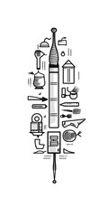 Obraz premium MonoChromatic Thick Line Doodle of Guide needle, ancient, small objects, Black and White Tones сreated with Generative Ai