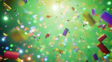 Colorful confetti and ribbons on a green background. 3d rendering