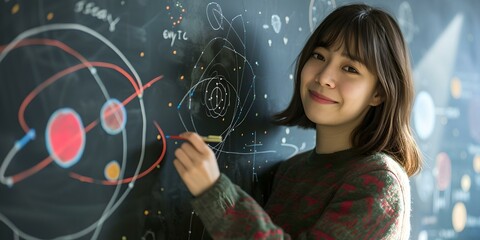 Young girl joyfully engaged in science, writing on chalkboard. education and innovation. perfect for academic content. AI - obrazy, fototapety, plakaty