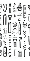 MonoChromatic Thick Line Doodle of Guide needle, ancient, small objects, Black and White Tones сreated with Generative Ai