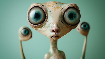 A playful alien with three eyes on a vibrant green background. - obrazy, fototapety, plakaty