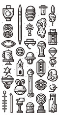 MonoChromatic Thick Line Doodle of Guide needle, ancient, small objects, Black and White Tones сreated with Generative Ai