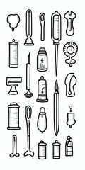 MonoChromatic Thick Line Doodle of Guide needle, ancient, small objects, Black and White Tones сreated with Generative Ai