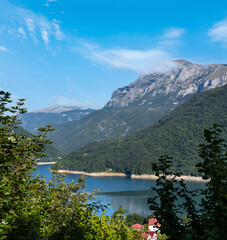 Piva Lake (Pivsko Jezero) and Pluzine town view in Montenegro.