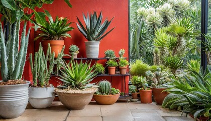 cactus in a pot.a home garden interior filled with an assortment of beautiful plants, including cacti, succulents, and air plants, each showcased in uniquely designed pots. Incorporate a striking red 
