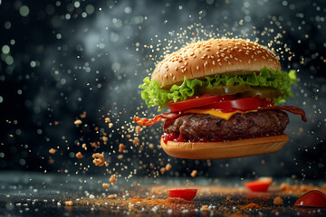 Super hamburger with flying ingredients on a dark background