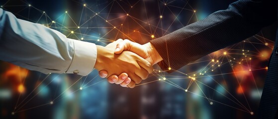 Businessman shaking hands with effect global network link connection and graph chart of stock market, digital technology, teamwork, partnership concept