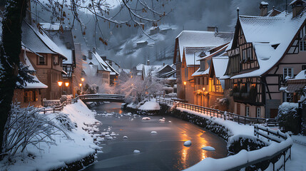 A picturesque winter wonderland with charming cottages nestled under a snowy white blanket, and a crystalline frozen river flowing through the heart of a quaint European village.