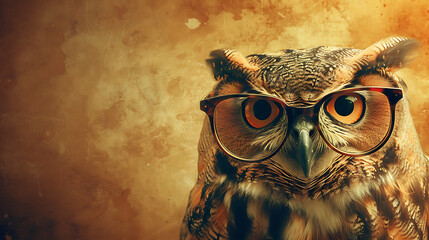 A knowledgeable owl with glasses perched against a warm brown background.