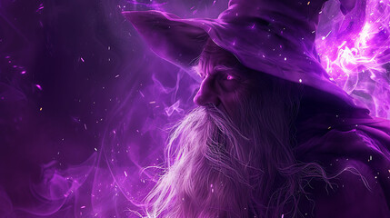 A mystifying wizard with a flowing beard, standing against a deep purple backdrop. - obrazy, fototapety, plakaty