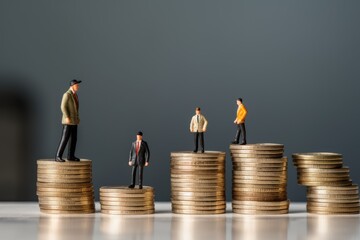men standing on the top of stack of coins - obrazy, fototapety, plakaty