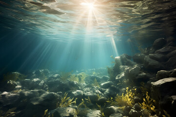 Fototapeta na wymiar underwater surface with sun streaming down, detailed 