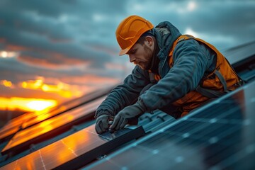 Workers assemble energy system with solar panel for electricity. Generative AI