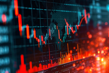 Stock market charts, market crash, bear market, red declining stock graphs - obrazy, fototapety, plakaty