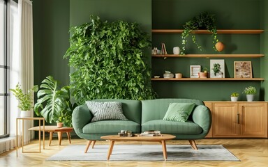 Modern living room. modern living room with Green sofa and chair against green wall with book shelf