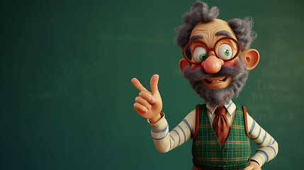 A friendly and charismatic 3D schoolteacher character stands in front of a classic chalkboard green background. With an inspiring and knowledgeable demeanor, they are ready to engage and educate.