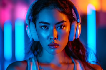 A girl's face, delicately lit, adorned with expressive eyebrows and long lashes, embodies the power of music through her headphones