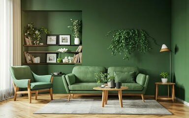 Modern living room. modern living room with Green sofa and chair against green wall with book shelf