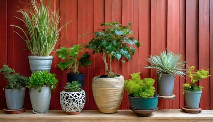 flowers in pots.a composition featuring a variety of beautiful plants in creatively designed pots, set against an eye-catching red wall paneling. Create a template that seamlessly blends modern style 