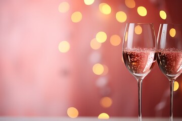 Valentine s day celebration with champagne glasses and confetti on pink background, space for text