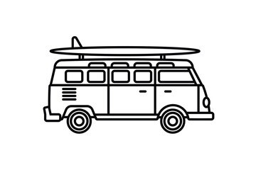 Original vector illustration. A van with a surfboard on the roof. A contour icon.