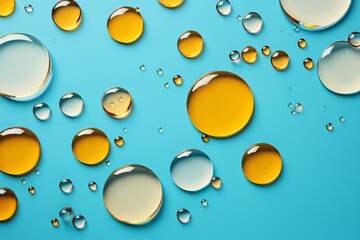 Vibrant yellow oil or serum bubbles abstract background banner with copy space for advertising