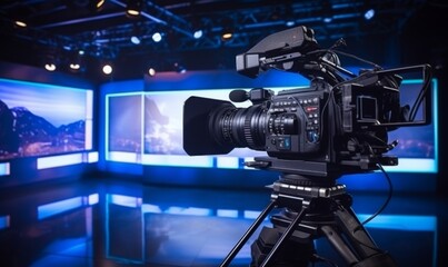 video camera on a blurred studio background for filming news, interviews - obrazy, fototapety, plakaty