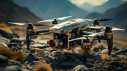 High-tech military drone flying over a desert landscape during a reconnaissance mission - obrazy, fototapety, plakaty