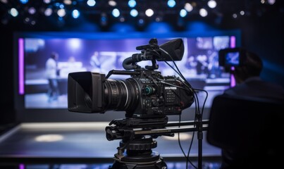 video camera on a studio background for filming news, interviews, shows